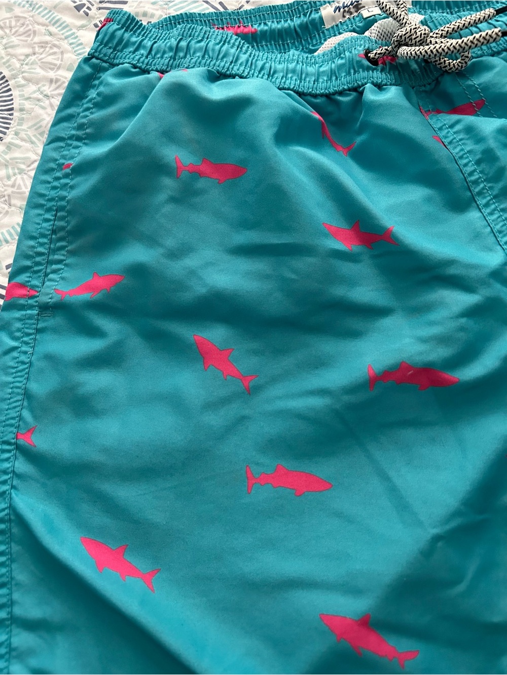 Turquoise Shark Print Swim Trunks - Picture 4 of 4